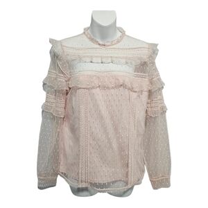 Express Pale Pastel Pink Ruffle Mesh Lace Overlay Sheer Blouse Size 5 Softcore